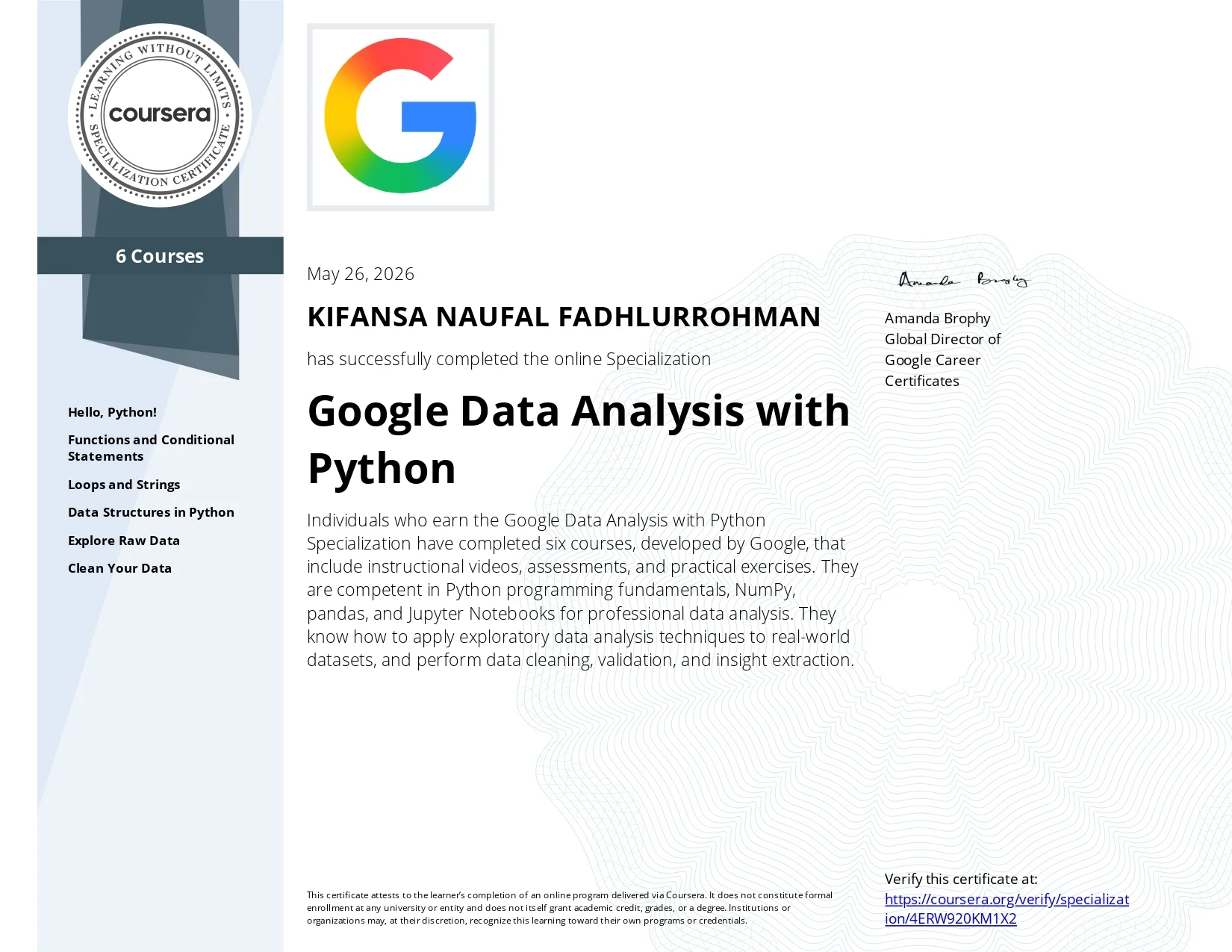 Google Data Analysis with Python certificate